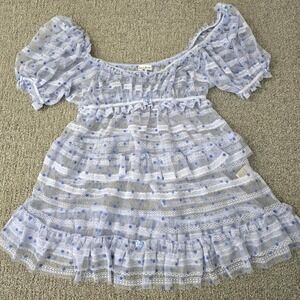 For Love & Lemons Blue Polka Dot Lace Ruffle Mini Dress Sheer Romantic M